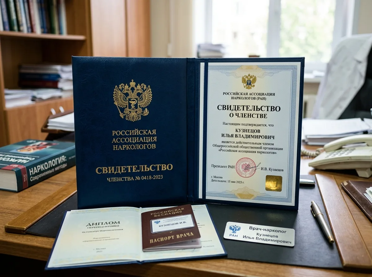 Свидетельство о членстве в профессиональной ассоциации наркологов России, документы врача